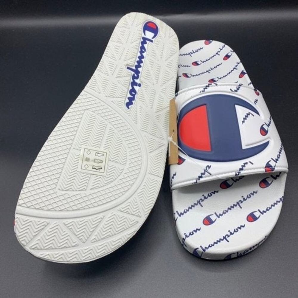 NEW Champion IPO Repeat Men's Slides Sz 11 White Logo Script Red Blue CM100080M - Picture 4 of 8